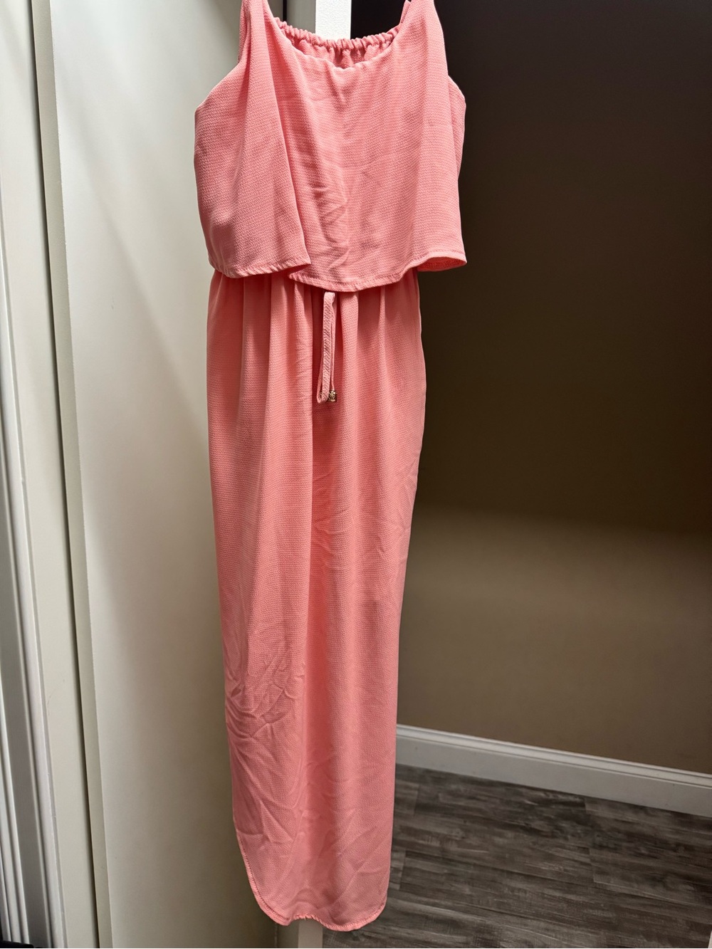 Sleeveless Coral Maxi Dress with Drawstring Waist